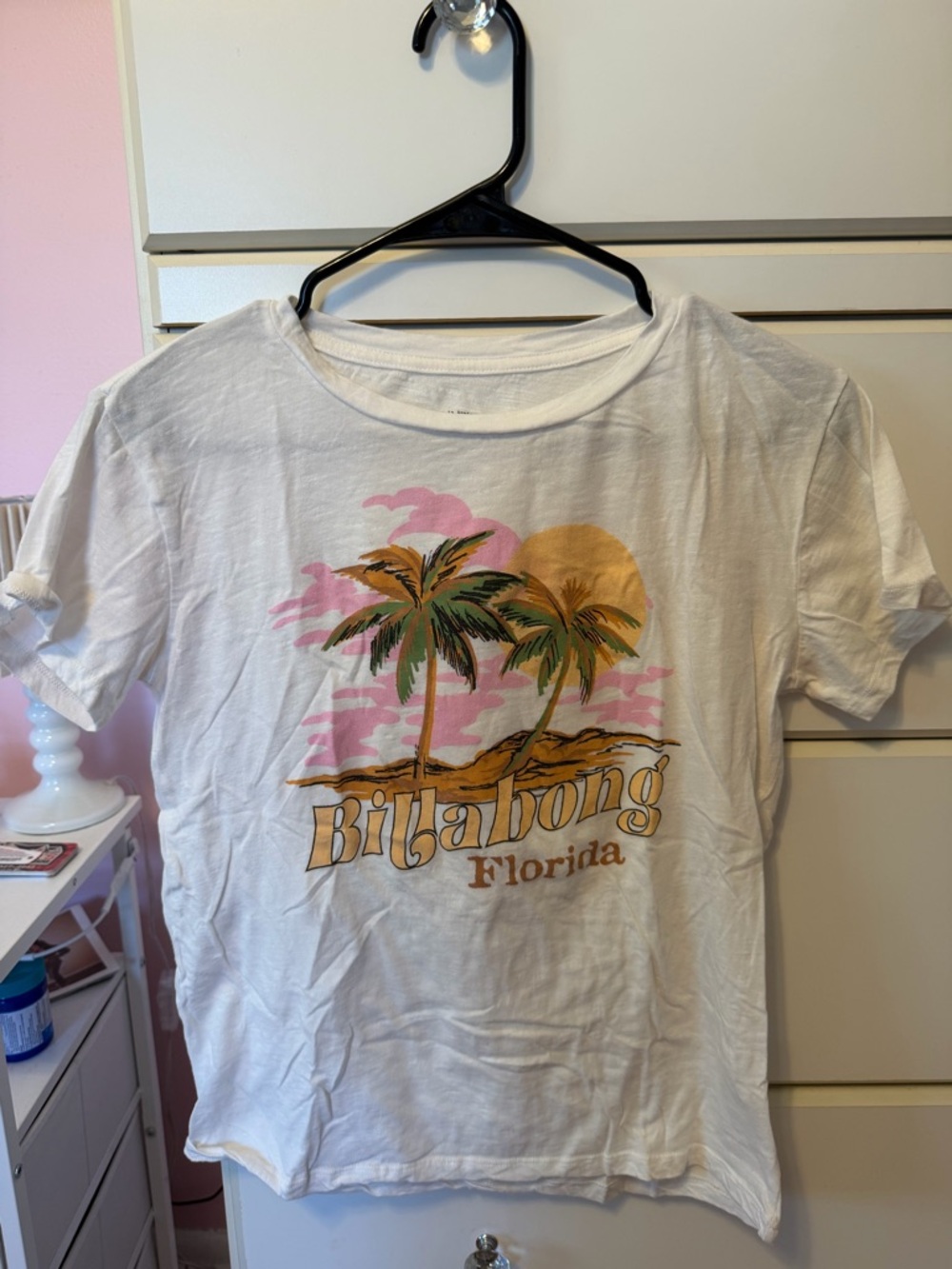 Billabong White Tee with Pink Sunset and Yellow Sun Palm Graphic